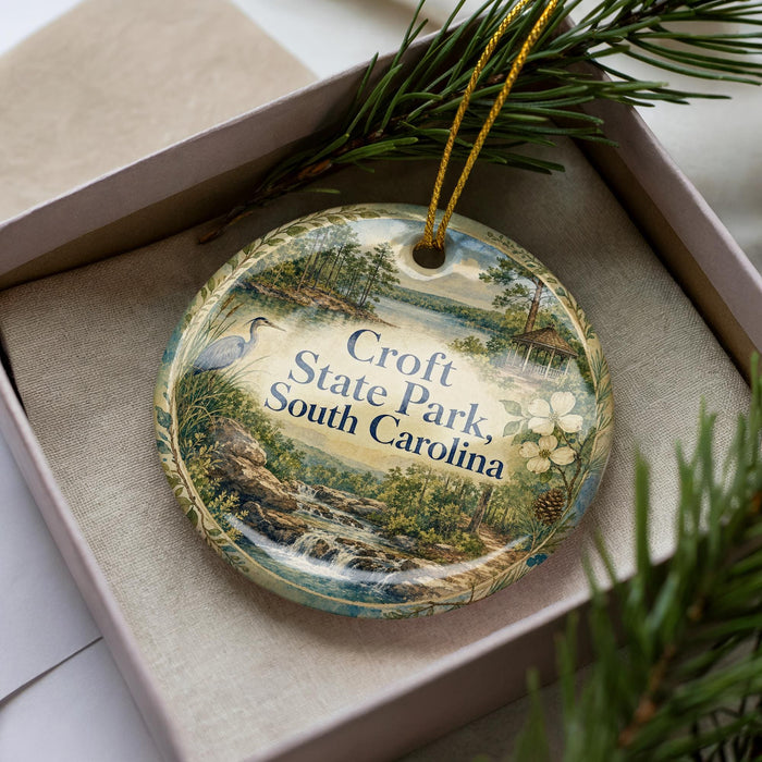 A decorative ornament in a box, featuring a scenic landscape with a river, trees, and a bird.