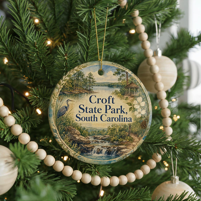 A round ornament hanging on a Christmas tree, featuring a scenic landscape with a waterfall and pine trees.