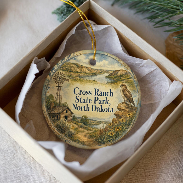 A decorative ornament in a white box, featuring a windmill, a bird, and a scenic landscape, with the text "Cross Ranch State Park, North Dakota" printed on it.