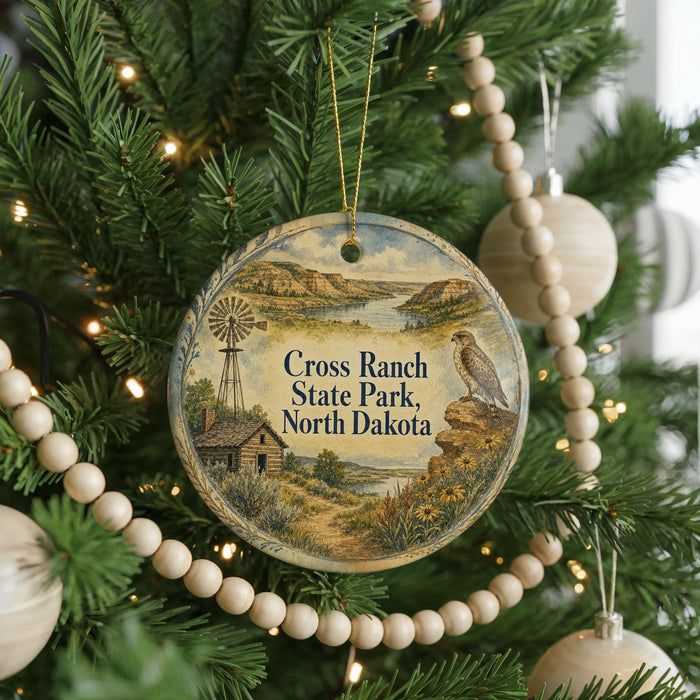 A round ornament hanging on a Christmas tree, featuring a scenic landscape with a windmill, a bird, and a river.
