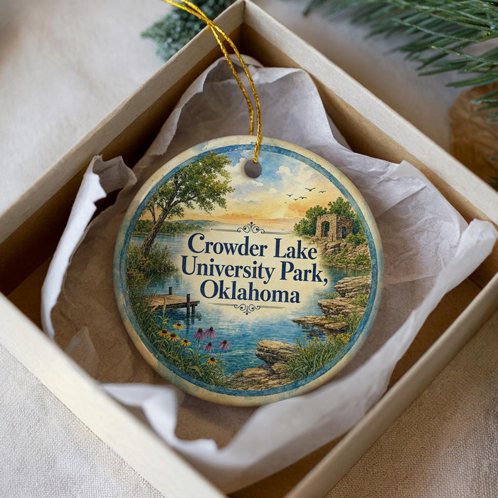 A decorative ornament in a white box, featuring a scenic landscape with a lake, trees, and a bridge.