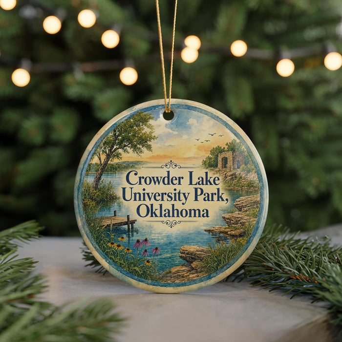 A round ornament with a scenic landscape of a lake, trees, and a bridge, featuring the text "Crowder Lake University Park, Oklahoma" on it.