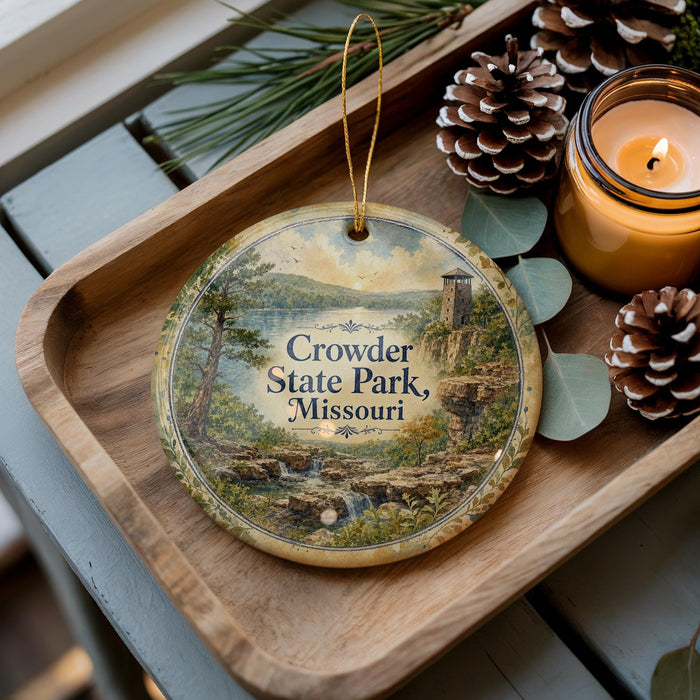 A decorative ornament featuring a scenic landscape of Crowder State Park, Missouri, with pine cones and a lit candle on a wooden tray.