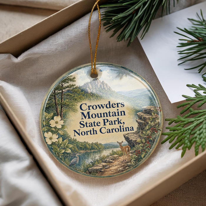 A round ornament with a scenic landscape of a mountain, river, and wildlife, including a deer, is displayed in a box with pine branches.