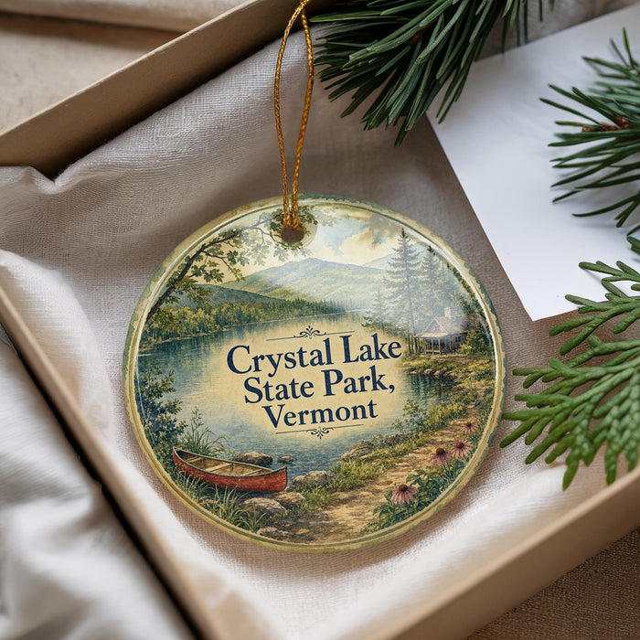 A decorative ornament with a scenic landscape of Crystal Lake State Park, Vermont, featuring a canoe on the water and pine trees in the background.