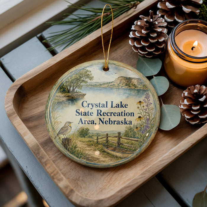 A wooden tray with a decorative ornament featuring a bird, a scenic landscape, and text that reads "Crystal Lake State Recreation Area, Nebraska".