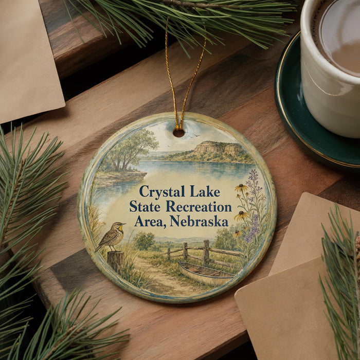 A round ornament with a bird perched on a log, surrounded by pine branches and a cup of coffee on a wooden surface.