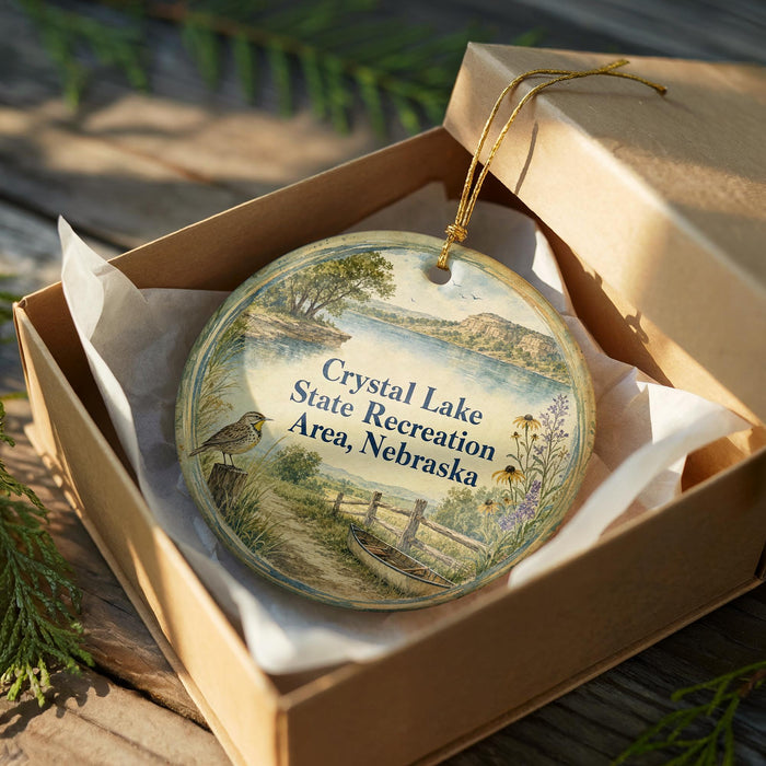 A round ornament in a wooden box, featuring a scenic landscape with a bird, a fence, and a body of water.