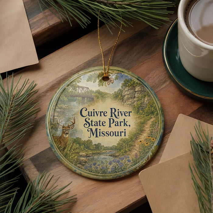 A decorative ornament with a scenic image of the Cuivre River State Park in Missouri, featuring a deer and a bridge, is displayed on a wooden surface alongside a cup of coffee and some pine branches.