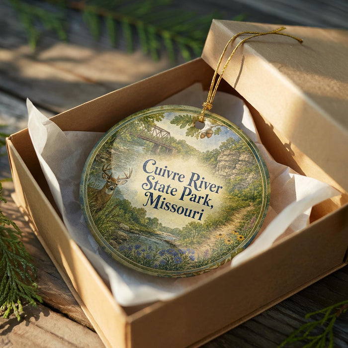 An ornament in a box, featuring a scenic image of the Cuivre River State Park in Missouri.