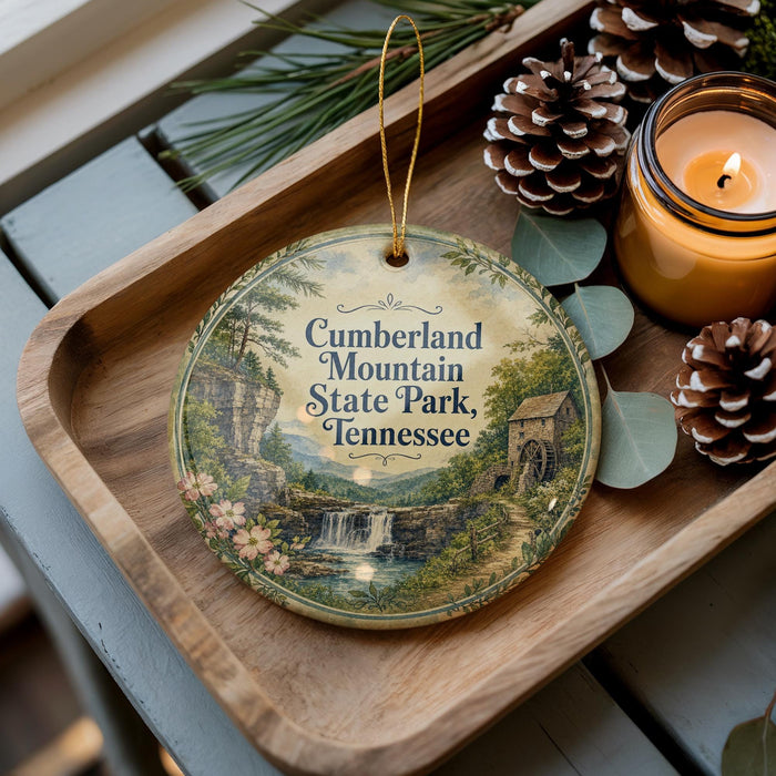 A decorative ornament featuring a scenic landscape of Cumberland Mountain State Park, Tennessee, with a waterfall and pine trees. The ornament is placed on a wooden tray, accompanied by a lit candle and pine cones.