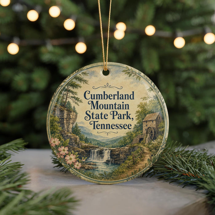 A round ornament with a scenic image of a waterfall and mountains, surrounded by greenery, hangs in front of a blurred Christmas tree with lights.