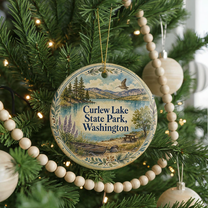 A round ornament hanging on a Christmas tree, featuring a scenic landscape with a lake, mountains, and a bird in flight.