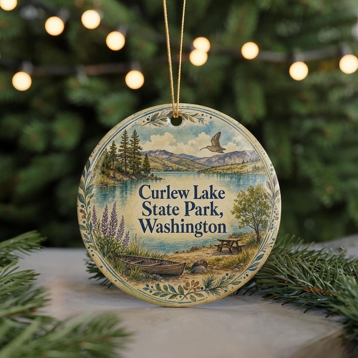 A round ornament with a scenic landscape of Curlew Lake, State Park, and Washington, featuring a bird flying over the lake and mountains in the background.