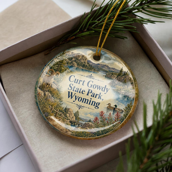 A decorative ornament in a box, featuring a scenic landscape with mountains, trees, and wildlife, including a duck.
