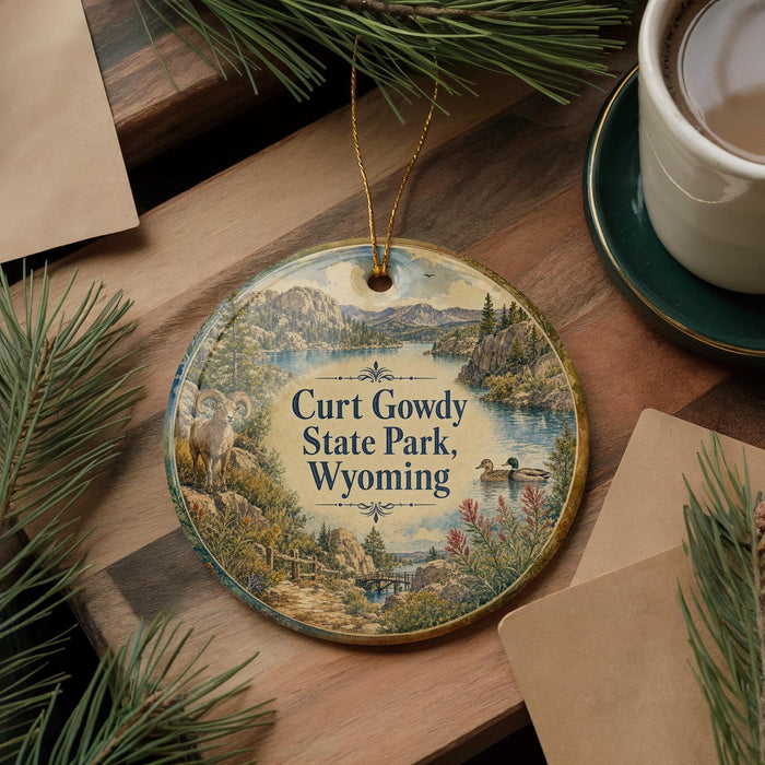 A decorative ornament featuring a scenic landscape of Curt Gowdy State Park, Wyoming, with a mountain backdrop, a lake, and a bird in flight.