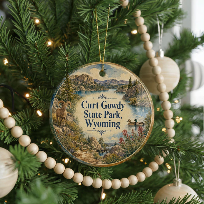 A round ornament hanging on a Christmas tree, featuring a scenic landscape with mountains, a river, and a goat.