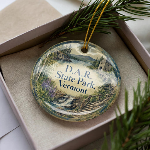 A decorative ornament in a box, featuring a scenic landscape with a waterfall and a castle, with the text "D.A.R. State Park, Vermont" printed on it.