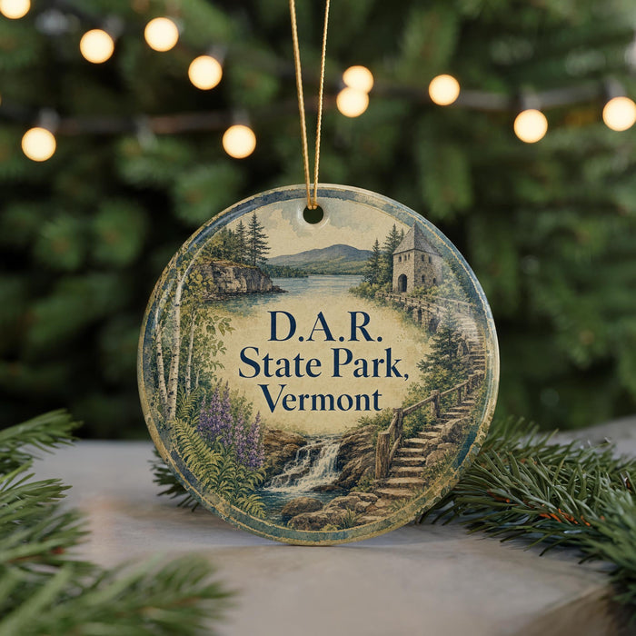 A round ornament with a scenic landscape of D.A.R. State Park, Vermont, featuring a waterfall and a castle, is displayed on a table with Christmas lights in the background.