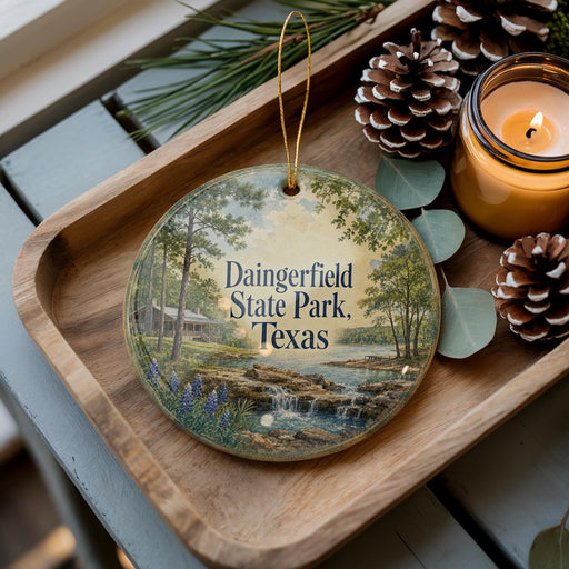 A decorative ornament featuring a scenic image of Daingerfield State Park, Texas, with pine cones and a lit candle on a wooden tray.