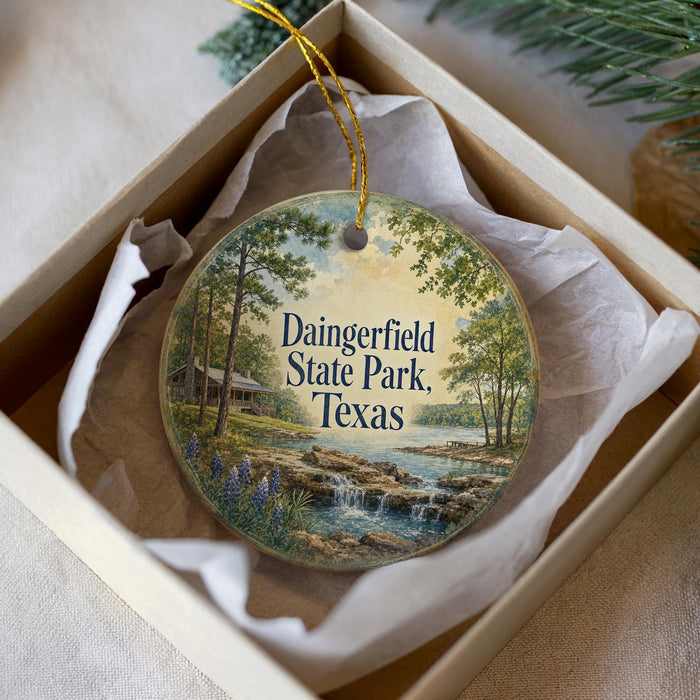A circular ornament with a painting of Diningfield State Park in Texas, featuring a scenic landscape with a river, trees, and a cabin.