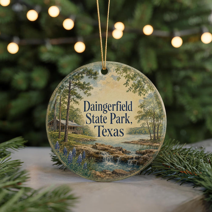 A round ornament with a painting of Daingerfield State Park in Texas, featuring a cabin and a river, is displayed in front of a blurred background with Christmas lights.