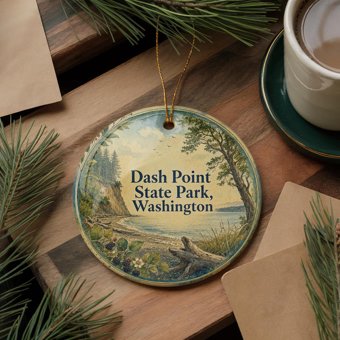 A decorative ornament with a scenic landscape of Dash Point State Park in Washington, featuring pine trees, a lake, and a bird in flight.