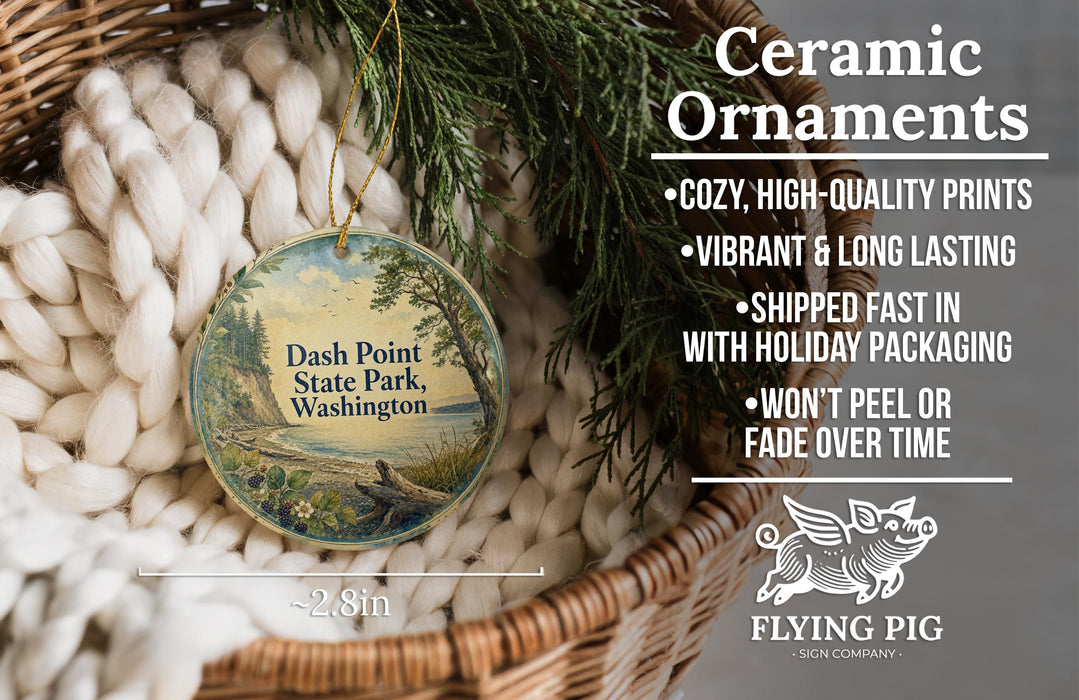 Ceramic ornaments, featuring a scenic image of Dash Point State Park, Washington, hanging from a wicker basket.