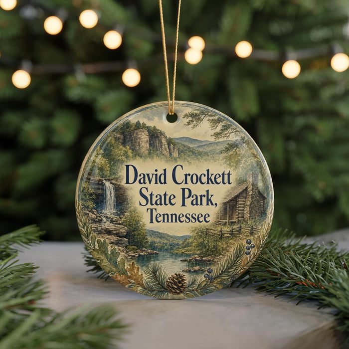 A round ornament with a scenic landscape of David Crockett State Park in Tennessee, featuring a waterfall and pine trees, is displayed on a table with Christmas lights in the background.