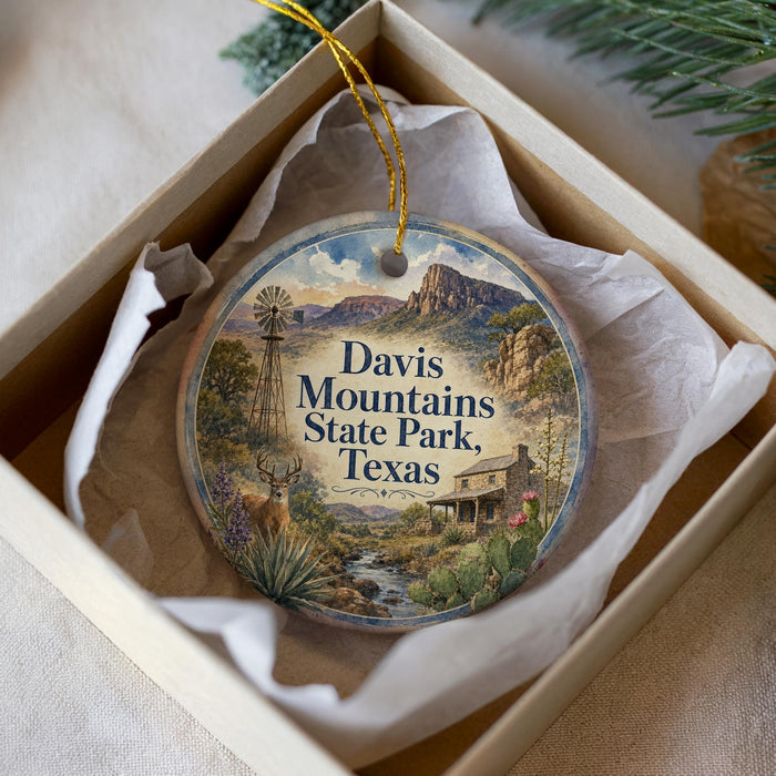 A decorative ornament in a box, featuring a scenic landscape with mountains, a windmill, and a small house, along with the text "Davis Mountains State Park, Texas".