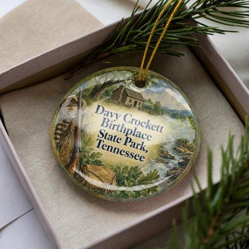 A decorative ornament with a scene depicting Davy Crockett Birthplace State Park, Tennessee, displayed in a box with pine branches.