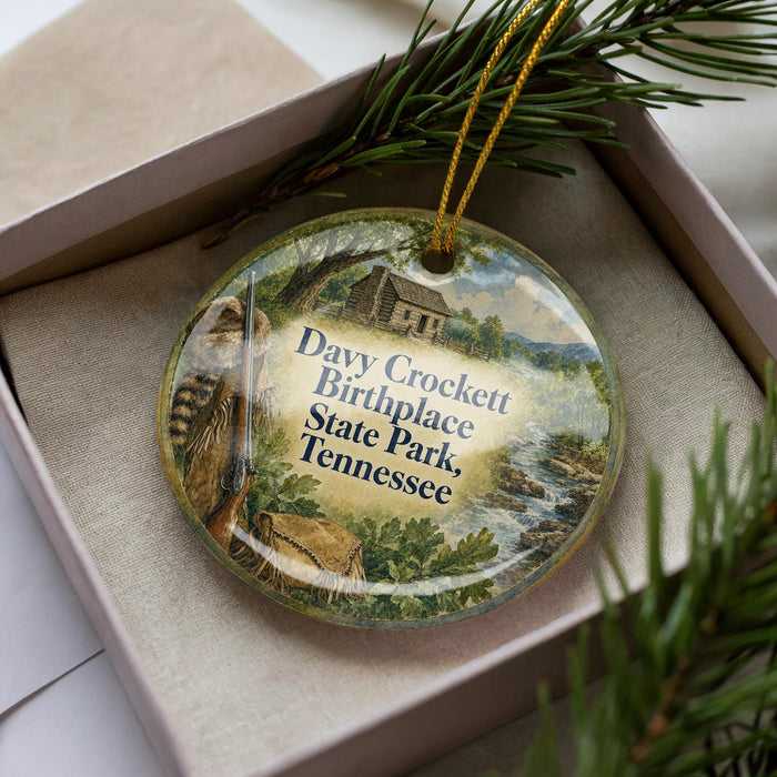 A decorative ornament with a scene depicting Davy Crockett Birthplace State Park, Tennessee, displayed in a box with pine branches.