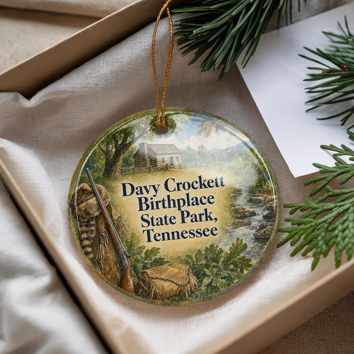 A decorative ornament with a scene depicting Davy Crockett Birthplace State Park, Tennessee, placed in a box with pine branches.