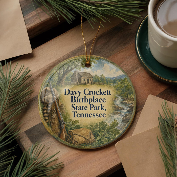 A round ornament with a painting of a cabin and a rifle, surrounded by pine branches and a cup of coffee on a wooden surface.