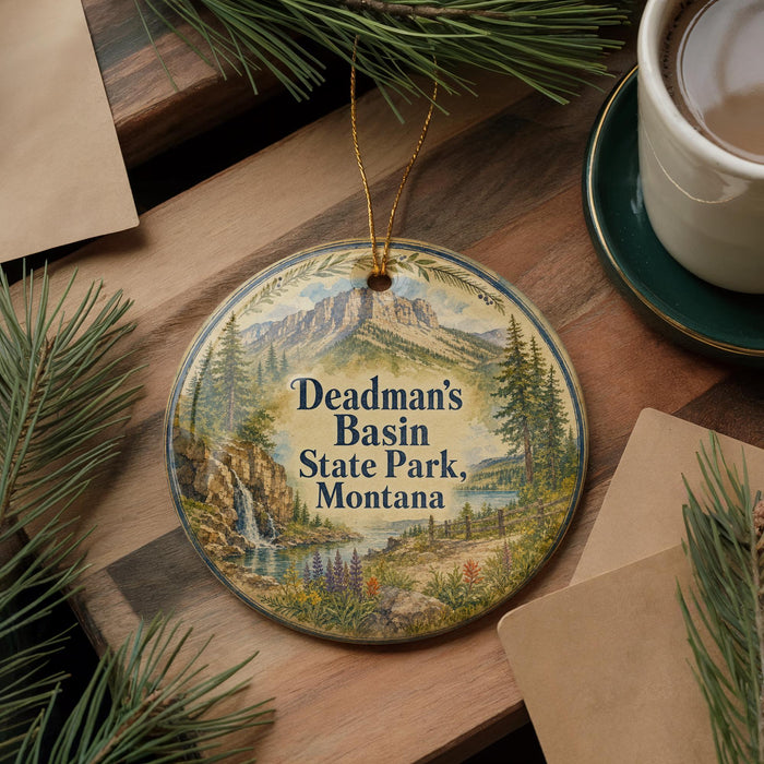 A round ornament with a scenic landscape of mountains, forests, and a waterfall, featuring the text "Deadman's Basin State Park, Montana".