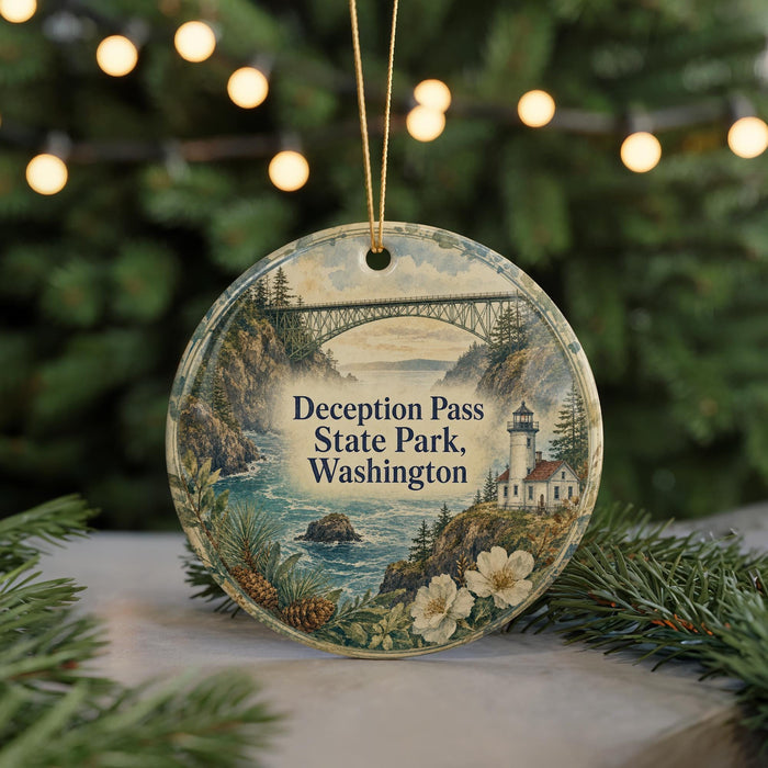 A decorative ornament featuring a scenic landscape with a bridge, lighthouse, and water, hanging from a string.