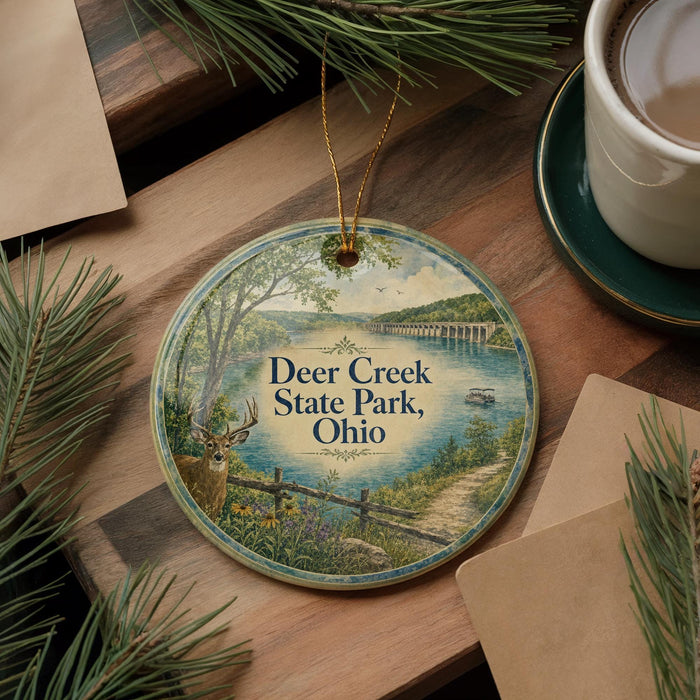 A round ornament with a scenic image of Deer Creek State Park, Ohio, featuring a deer, a bridge, and a river.