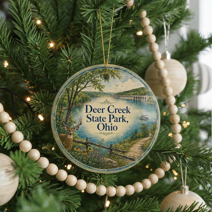 A round ornament hanging on a Christmas tree, featuring a scenic image of Deer Creek State Park, Ohio.