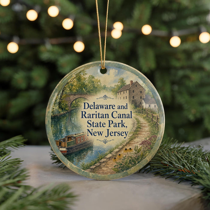 A round ornament with a painting of a canal and a house, surrounded by greenery, with the text "Delaware and Raritan Canal State Park, New Jersey" displayed on it.