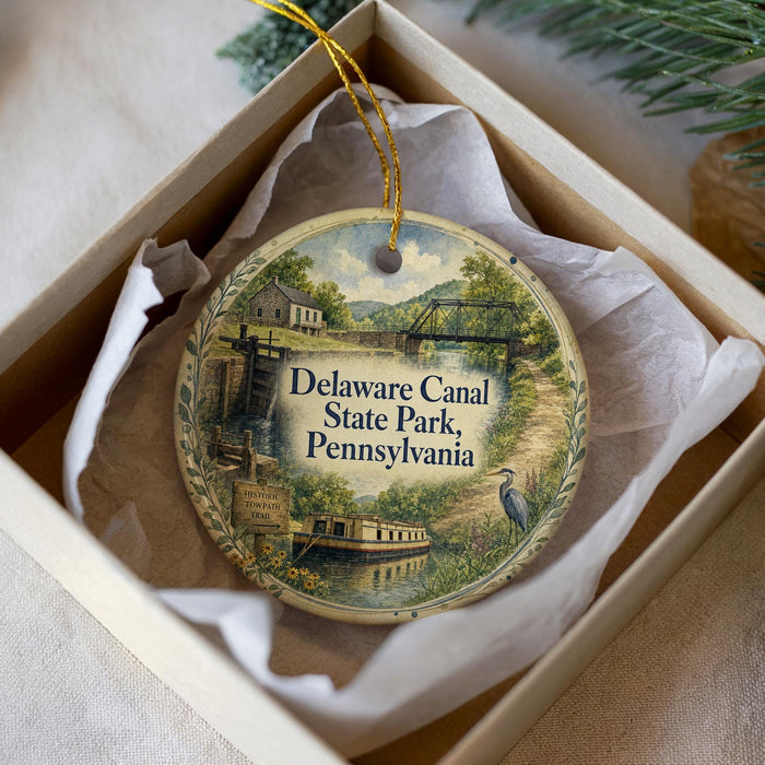 A decorative ornament in a box, featuring a scenic image of Delaware Canal State Park, Pennsylvania.