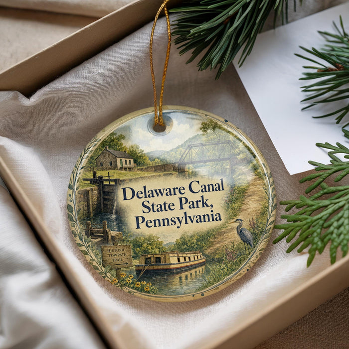 A decorative ornament with a scenic image of Delaware Canal State Park, Pennsylvania, featuring a house, a bridge, and a bird.
