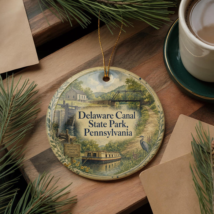 A decorative ornament featuring a scenic image of Delaware Canal State Park, Pennsylvania, with a bird in the foreground and pine branches surrounding it.