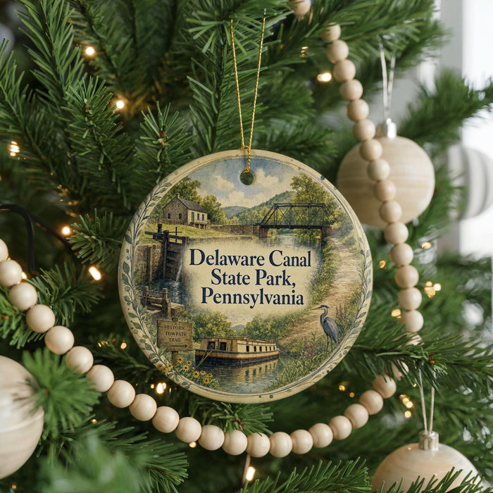 A round ornament hanging on a Christmas tree, featuring an illustration of Delaware Canal State Park, Pennsylvania.