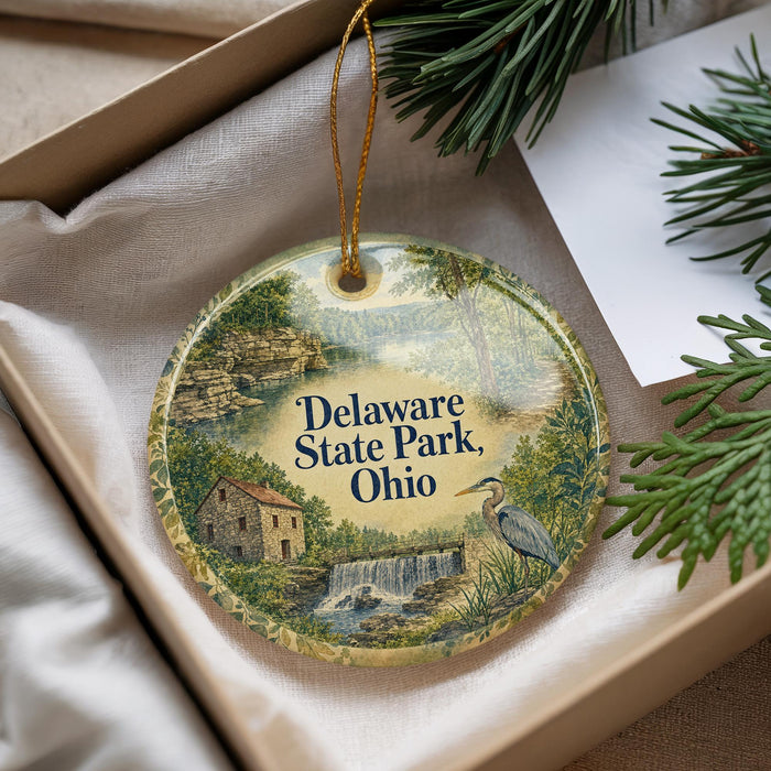 A decorative ornament with a scenic landscape of Delaware State Park, Ohio, featuring a waterfall, a bird, and a house.