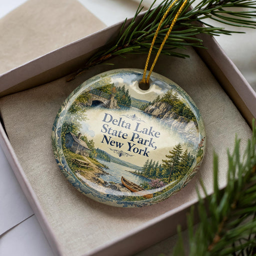 A decorative ornament in a box, featuring a scenic landscape with a lake, mountains, and pine trees.