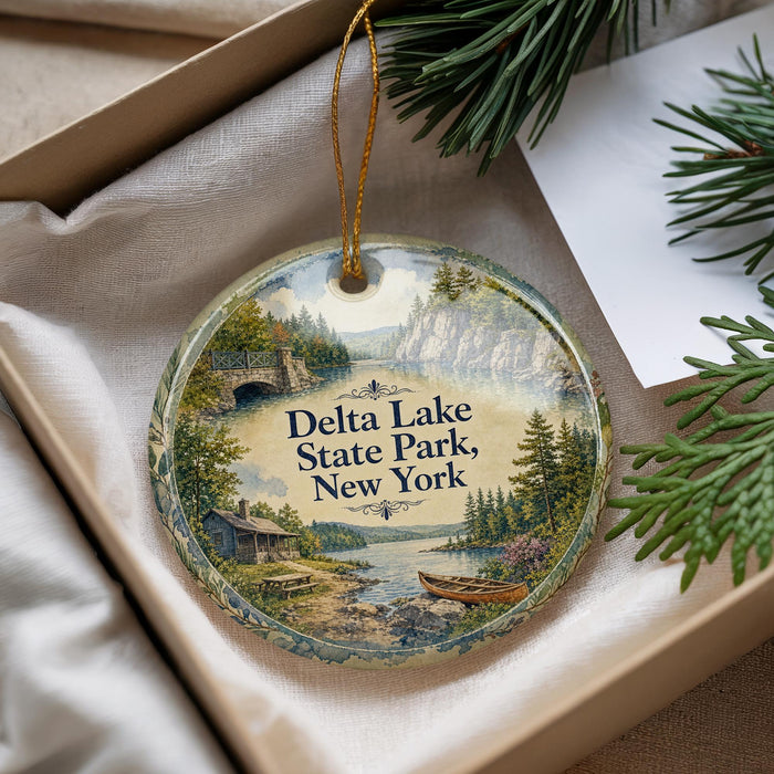 A decorative ornament with a scenic landscape of Delta Lake State Park, New York, featuring a cabin, trees, and a river.
