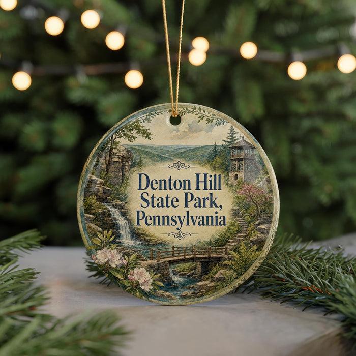 A round ornament with a scenic image of Denton Hill State Park, Pennsylvania, featuring a waterfall, bridge, and trees.