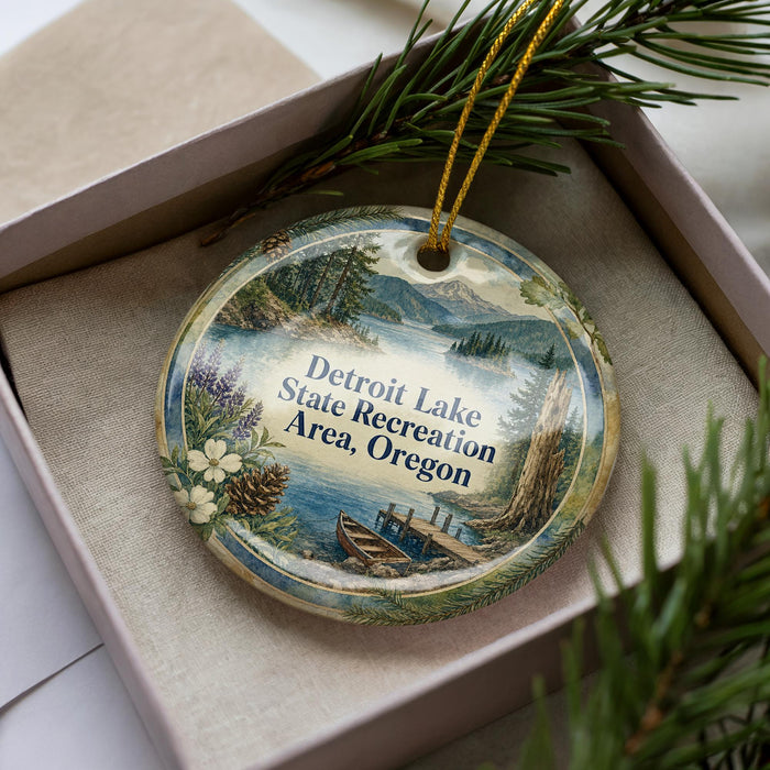 A decorative ornament with a scenic lake landscape and pine trees, featuring the text "Detroit Lake State Recreation Area, Oregon" on it.