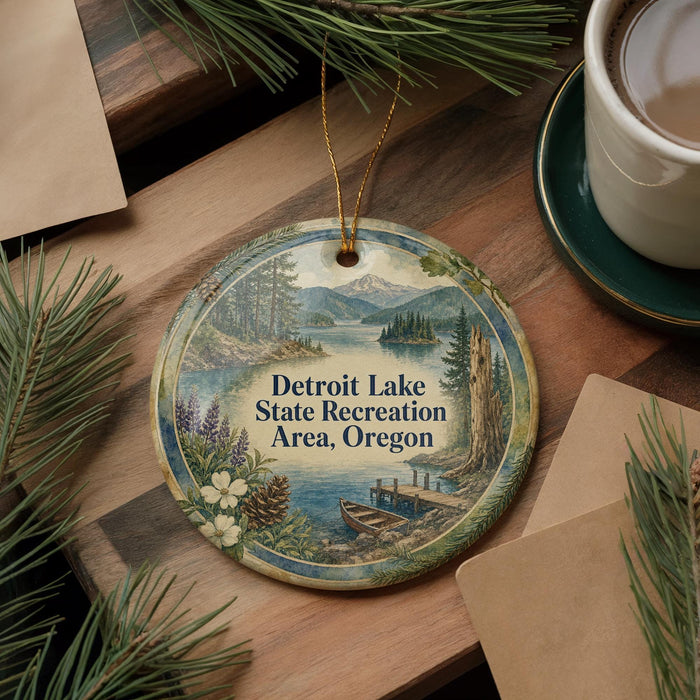 A decorative ornament featuring a scenic lake surrounded by pine trees and mountains, with the text "Detroit Lake State Recreation Area, Oregon" prominently displayed.