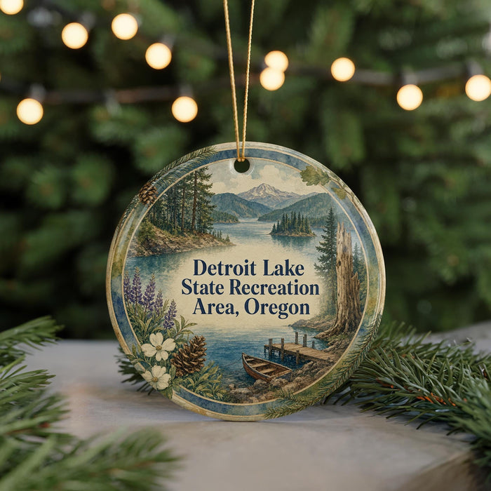 A decorative ornament featuring a scenic landscape of Detroit Lake, Michigan, with a boat on the water and pine trees in the background.